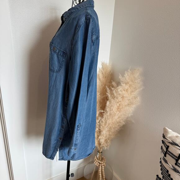 J.Jill Chambray Denim Button Up Side Button Slit Oversized Tunic Top Medium - Picture 7 of 11